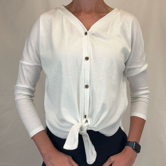 Unbranded Womens Sheer Front Tie Button Front V Neck White Cardigan M Med Medium - Picture 1 of 13